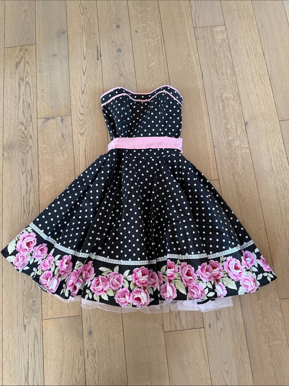 Ruby Rox Black Polka Dot Prom Dress with Pink Rose Border